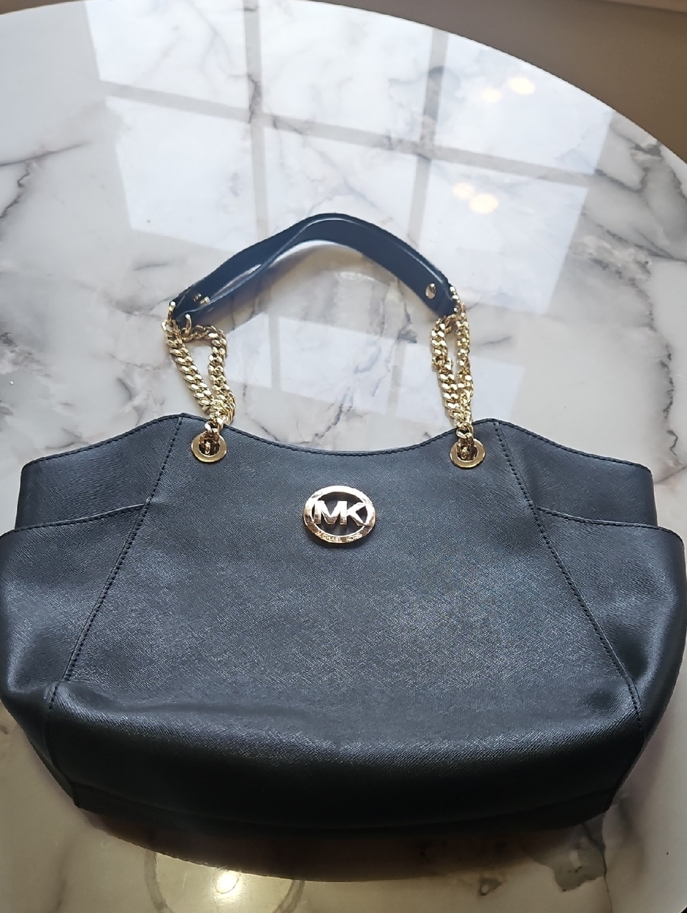 Michael Kors Jet Set Black Leather Shoulder Bag with Gold Chain Handles